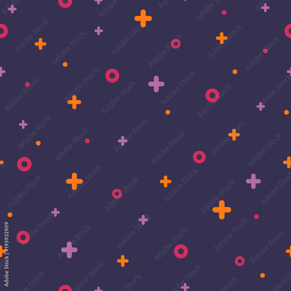 Geometric memphis retro seamless pattern 80s - 90s style. Modern space texture with rare color funky shapes on violet background. Vector illustration in memphis pop art style for modern fabric pattern