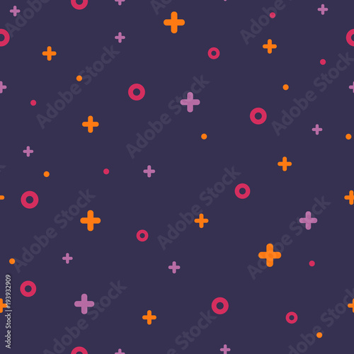 Geometric memphis retro seamless pattern 80s - 90s style. Modern space texture with rare color funky shapes on violet background. Vector illustration in memphis pop art style for modern fabric pattern