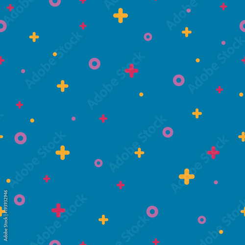Stylish 1980s abstract memphis seamless pattern. Modern space texture with rare funky and minimal shapes on blue background. Vector illustration in memphis pop art style for fashion fabric print © moonnoon
