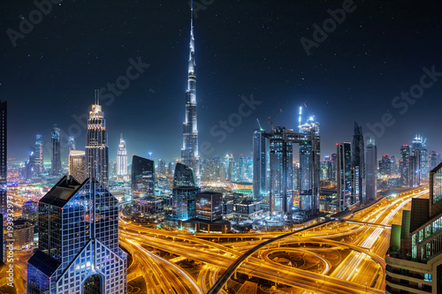 Blick auf die Skyline von Dubai bei Nacht mit Sternenhimmel