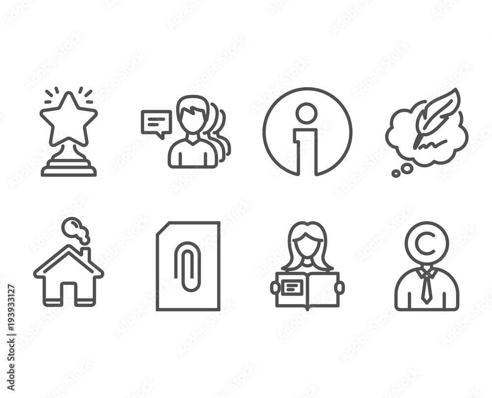 Set of Attachment, Winner and Сopyright chat icons. People, Woman read and Сopyrighter signs. Attach document, Best star, Speech bubble. Support job, Girl studying, Writer person. Vector Set of Attachment, Winner and Сopyright chat icons. People, Woman read and Сopyrighter signs. Attach document, Best star, Speech bubble. Support job, Girl studying, Writer person. Vector