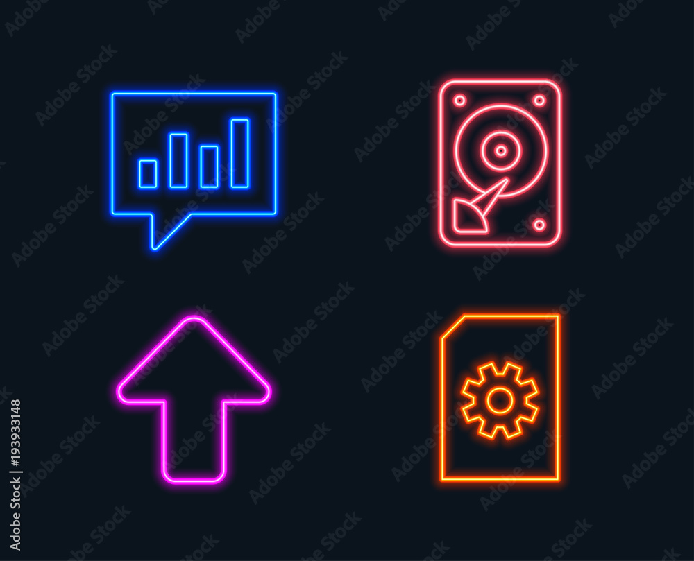Neon lights. Set of Hdd, Analytical chat and Upload icons. File management sign. Hard disk, Communication speech bubble, Load arrowhead. Doc with cogwheel.  Glowing graphic designs. Vector