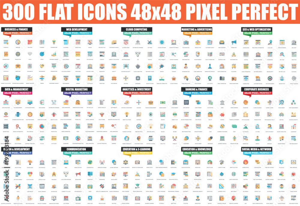 Simple set of vector flat icon. Contains such Icons as Business, Finance, Development, SEO, Marketing, Banking, Education, Investment, Advertising and more. Linear pictogram pack. 48x48 Pixel Perfect. - obrazy, fototapety, plakaty 