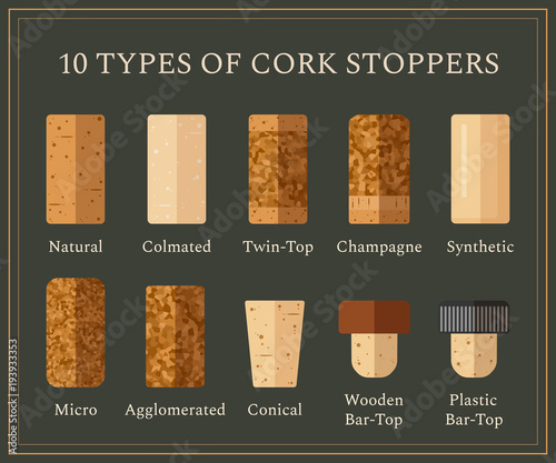 10 types of cork stoppers. Vector set with different isolated corks and title for each kind on dark background. Flat design illustration for presentation or promo material.
