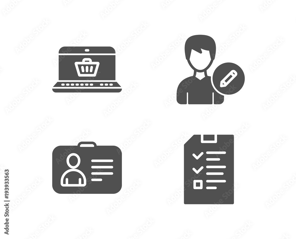 Set of Online shopping, Id card and Edit person icons. Interview sign. Notebook with shopping cart, Human document, Change user info. Checklist file. Quality design elements. Classic style. Vector Set of Online shopping, Id card and Edit person icons. Interview sign. Notebook with shopping cart, Human document, Change user info. Checklist file. Quality design elements. Classic style. Vector