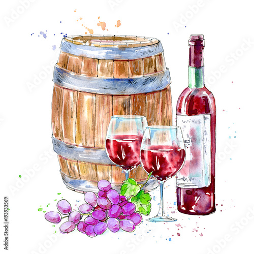 Bottle of red wine, glasses,wooden barrel and grapes.Picture of a alcoholic drink.Beverage.Watercolor hand drawn illustration.White background.