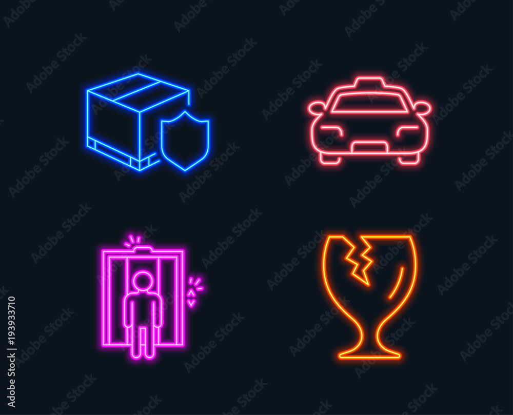 Neon lights. Set of Elevator, Taxi and Delivery insurance icons. Fragile package sign. Lift, Passengers transport, Parcel protection. Safe shipping. Glowing graphic designs. Vector Neon lights. Set of Elevator, Taxi and Delivery insurance icons. Fragile package sign. Lift, Passengers transport, Parcel protection. Safe shipping. Glowing graphic designs. Vector