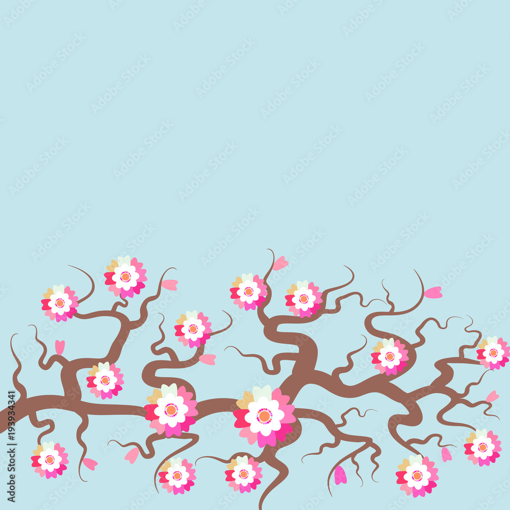 Sakura flowers Nature background with blossom branch of pink flowers. Cherry tree brown branches japanese card banner design pastel colors on light blue sky background. Vector Sakura flowers Nature background with blossom branch of pink flowers. Cherry tree brown branches japanese card banner design pastel colors on light blue sky background. Vector