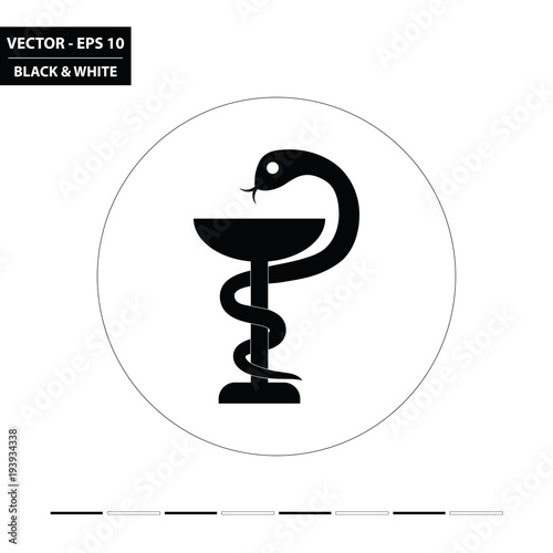Bowl of Hygieia, snake and bowl - symbol of pharmacy, black and white flat icon. Vector Illustration.