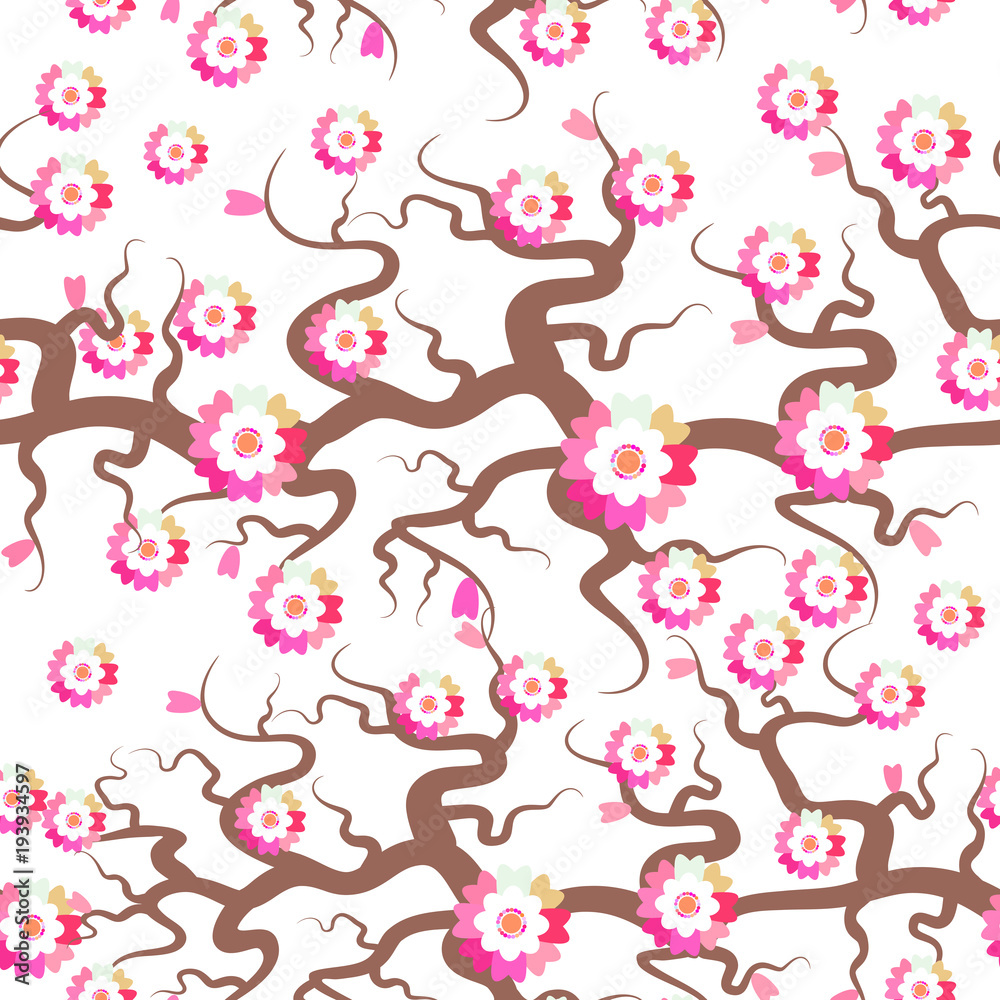 Sakura seamless pattern Nature background with blossom branch of pink flowers. Cherry tree brown branches japanese pattern pastel colors on white background. Vector