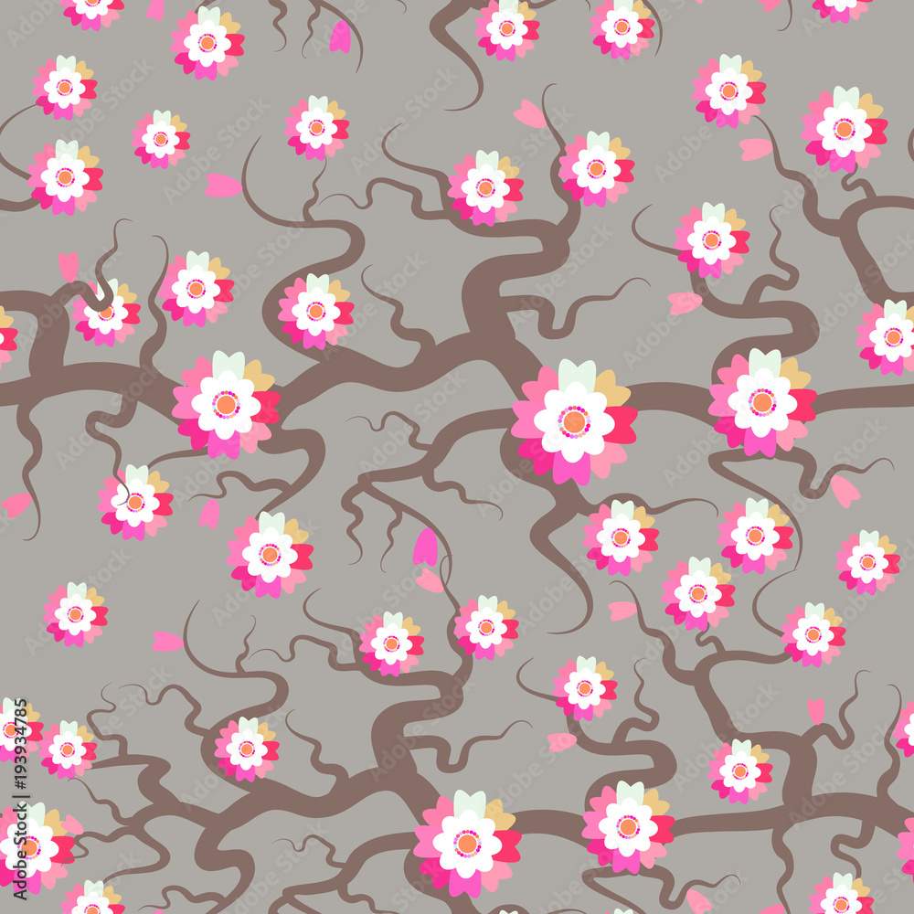Sakura seamless pattern Nature background with blossom branch of pink flowers. Cherry tree brown branches japanese pattern pastel colors on gray background. Vector