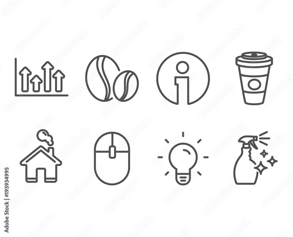 Set of Coffee beans, Upper arrows and Computer mouse icons. Light bulb, Takeaway coffee and Washing cleanser signs. Whole bean, Growth infochart, Pc equipment. Vector Set of Coffee beans, Upper arrows and Computer mouse icons. Light bulb, Takeaway coffee and Washing cleanser signs. Whole bean, Growth infochart, Pc equipment. Vector