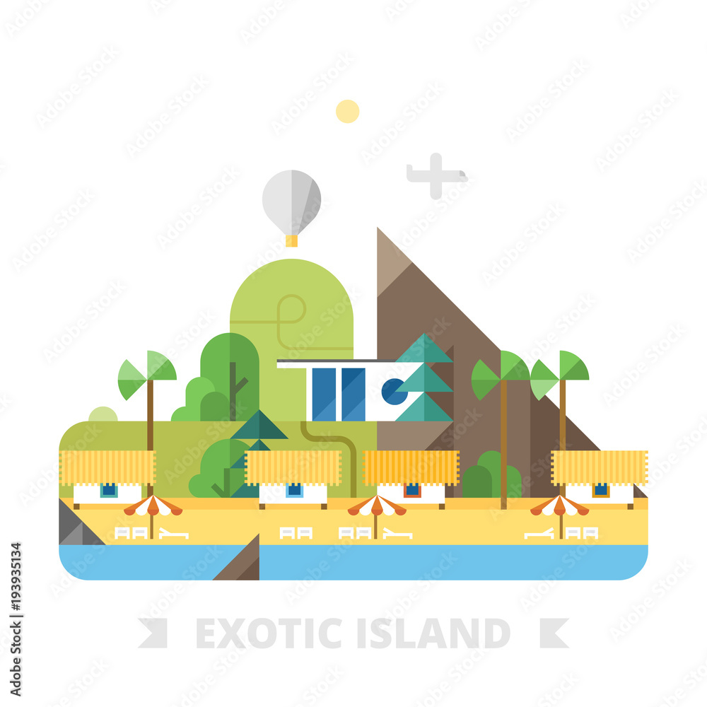 Exotic island. Bungalow in background of mountains. Modern house in mountains.