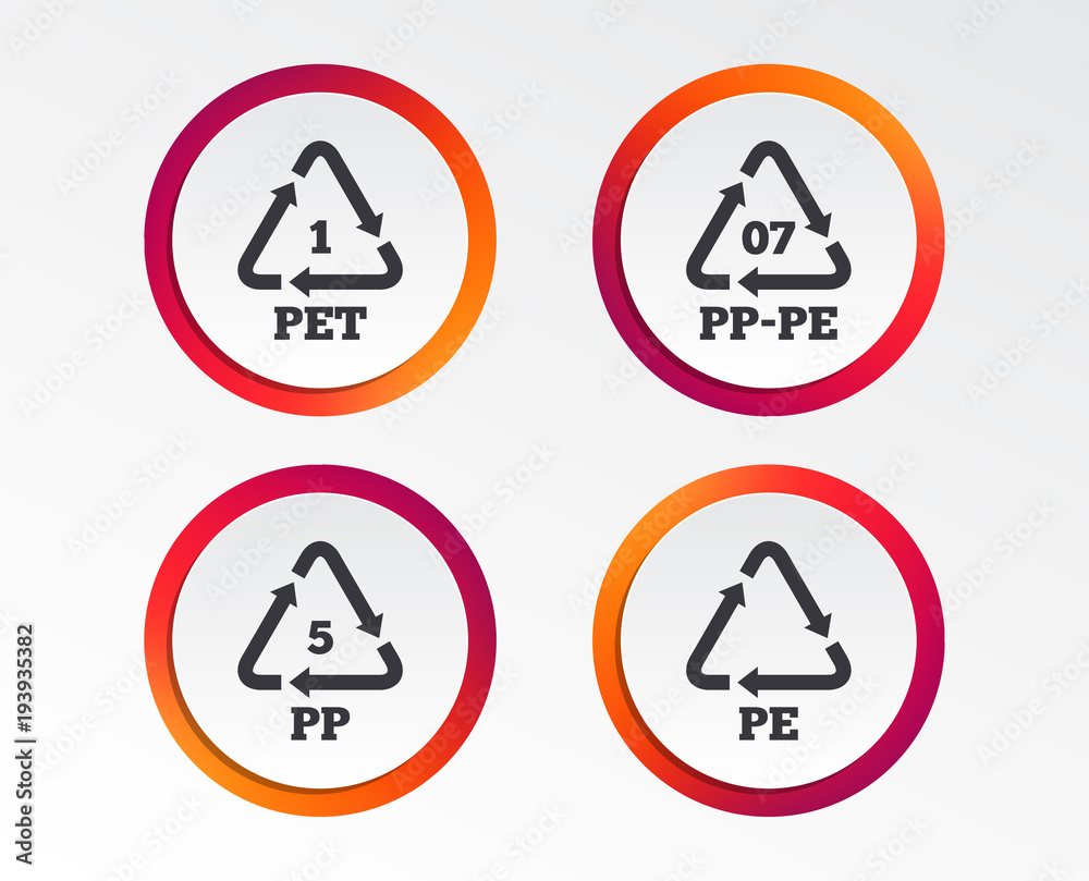 PET 1, PP-pe 07, PP 5 and PE icons. High-density Polyethylene terephthalate sign. Recycling symbol. Infographic design buttons. Circle templates. Vector PET 1, PP-pe 07, PP 5 and PE icons. High-density Polyethylene terephthalate sign. Recycling symbol. Infographic design buttons. Circle templates. Vector