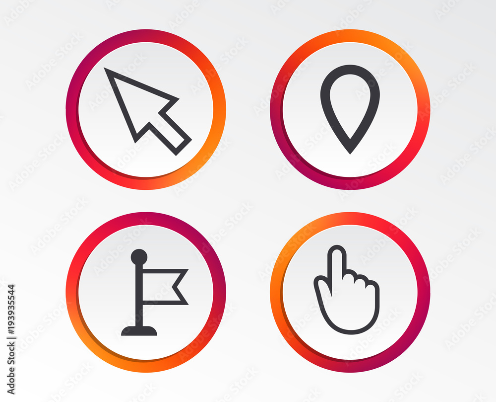 Mouse cursor icon. Hand or Flag pointer symbols. Map location marker sign. Infographic design buttons. Circle templates. Vector Mouse cursor icon. Hand or Flag pointer symbols. Map location marker sign. Infographic design buttons. Circle templates. Vector