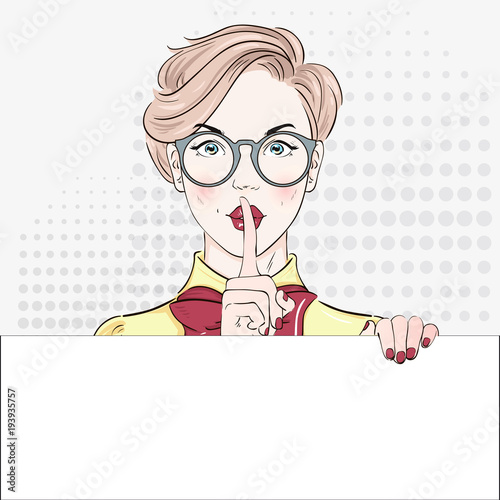 Pop Art Vintage advertising poster comic girl keep a silence and hold white banner. Comic woman with speech bubble. Vector illustration.