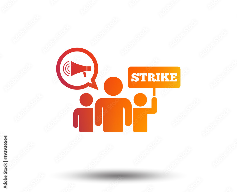 Strike sign icon. Group of people symbol. Industrial action. Holding protest banner and megaphone. Blurred gradient design element. Vivid graphic flat icon. Vector Strike sign icon. Group of people symbol. Industrial action. Holding protest banner and megaphone. Blurred gradient design element. Vivid graphic flat icon. Vector