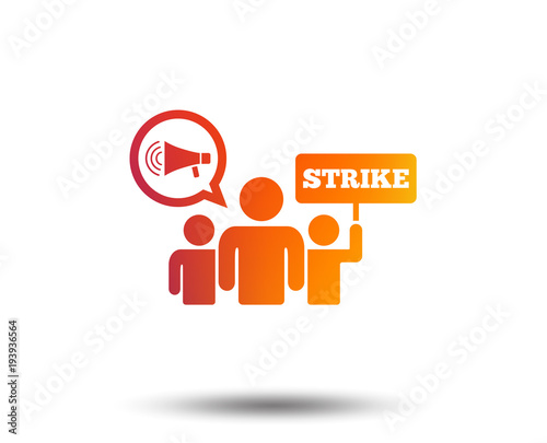 Strike sign icon. Group of people symbol. Industrial action. Holding protest banner and megaphone. Blurred gradient design element. Vivid graphic flat icon. Vector