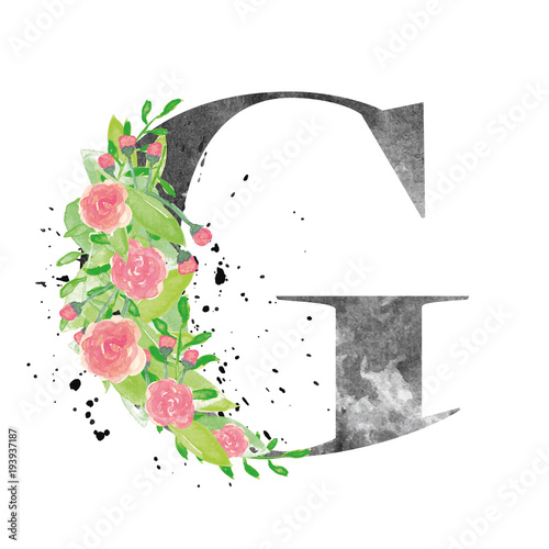 Watercolor letter G with floral decoration