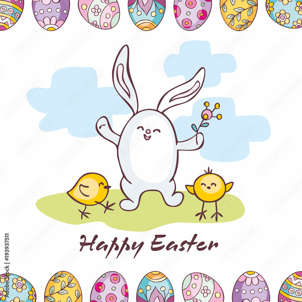 Easter greeting card with hand-drawn eggs, bunny and chickens. Vector illustration in doodle style. Easter greeting card with hand-drawn eggs, bunny and chickens. Vector illustration in doodle style.