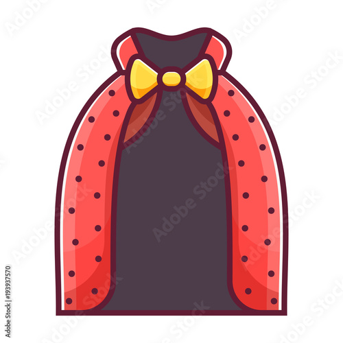 Magician mantle with bow tie icon. Wizard robe or halloween masquerade costume in flat design. Red illusionist cape cloak with collar.