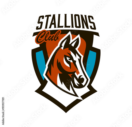 Fototapeta Naklejka Na Ścianę i Meble -  Colorful logo, sticker, horse emblem. Beautiful stallion, horse racing, fast animal, mascot of the sports club. Shield, lettering, vector illustration