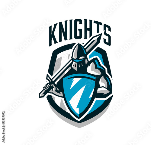 Colorful logo, sticker, emblem of the knight in iron armor. Knight of the Middle Ages, shield, warrior, swordsman, crusader, defender of the fortress. The mascot of the sports club.Vector illustration