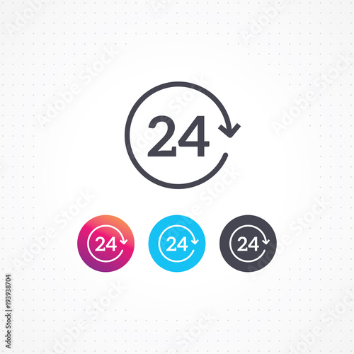 24 hours vector icon. Flat line design open 24 hours. Non stop working shop or service. Outline clock symbol. Twenty four hours icon. Full rotation