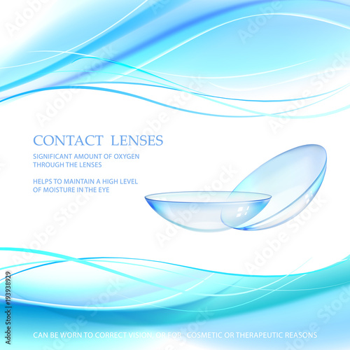 Contact lens concept with water wave flow over blue background and two eye lences. Vector illustration.
