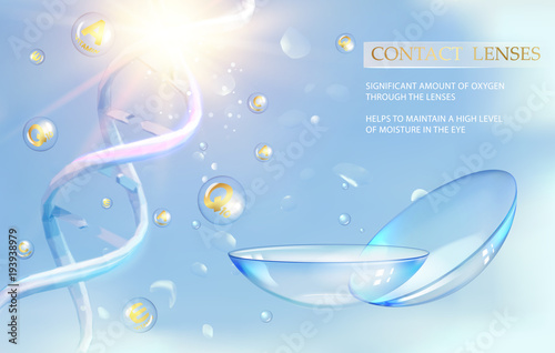 Contact lens science illustration. Medical concept with dna spyral of genome, eye lenses and sphere bubbles of vitamin. Vector illustration.