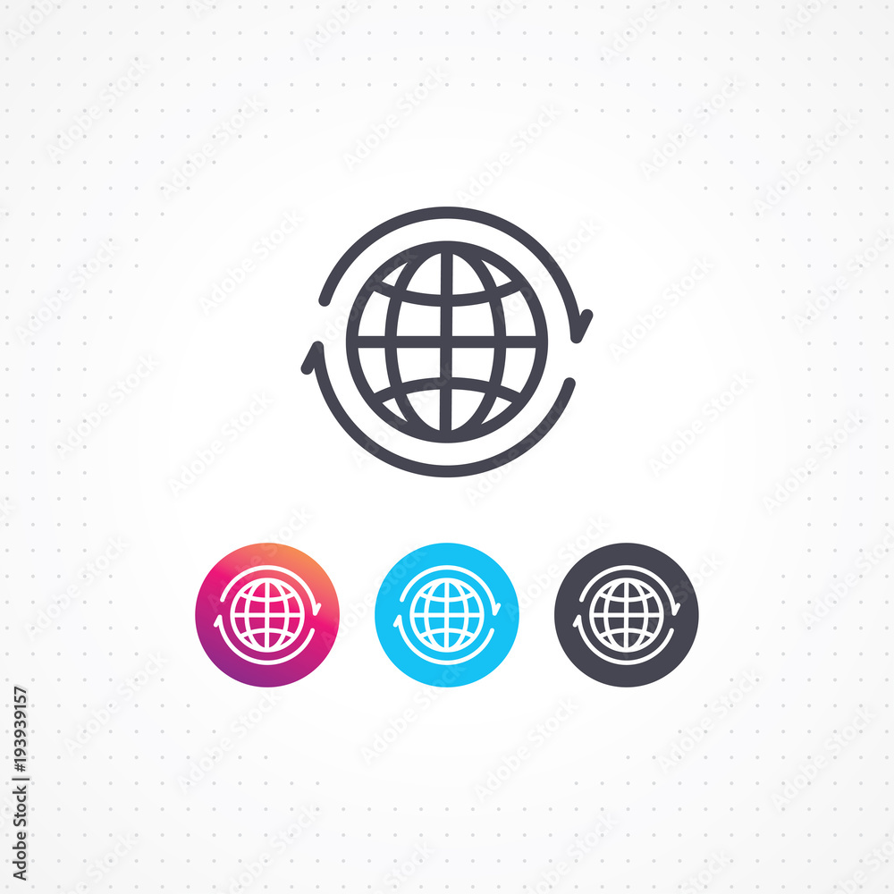 Globe icon. Vector arrows around planet earth. Globe and arrow vector. Vector globe icon of the world. World flat line design Globe icon. Vector arrows around planet earth. Globe and arrow vector. Vector globe icon of the world. World flat line design