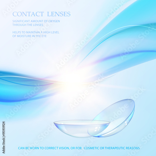 Science card with Contact Lenses sign. Blue wave flow at the top of the image over blue background and two eye lences. Vector illustration.
