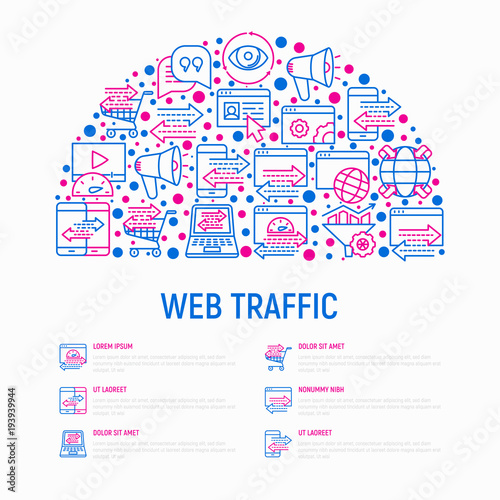 Web traffic concept in half circle with thin line icons: SEO technology, data exchange, sync, click, mobile backup, traffic speed, sales growth. Modern vector illustration for print media, web page.