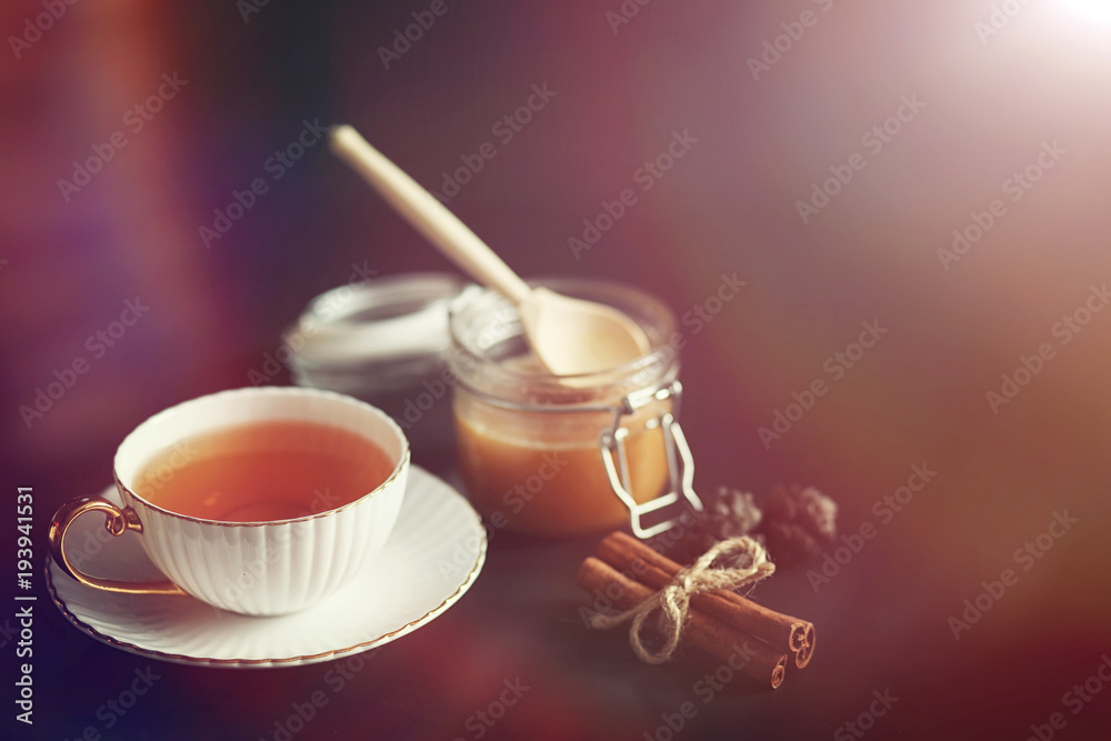 Set for breakfast. Sweets and pastries with nuts for tea on a bl Set for breakfast. Sweets and pastries with nuts for tea on a bl