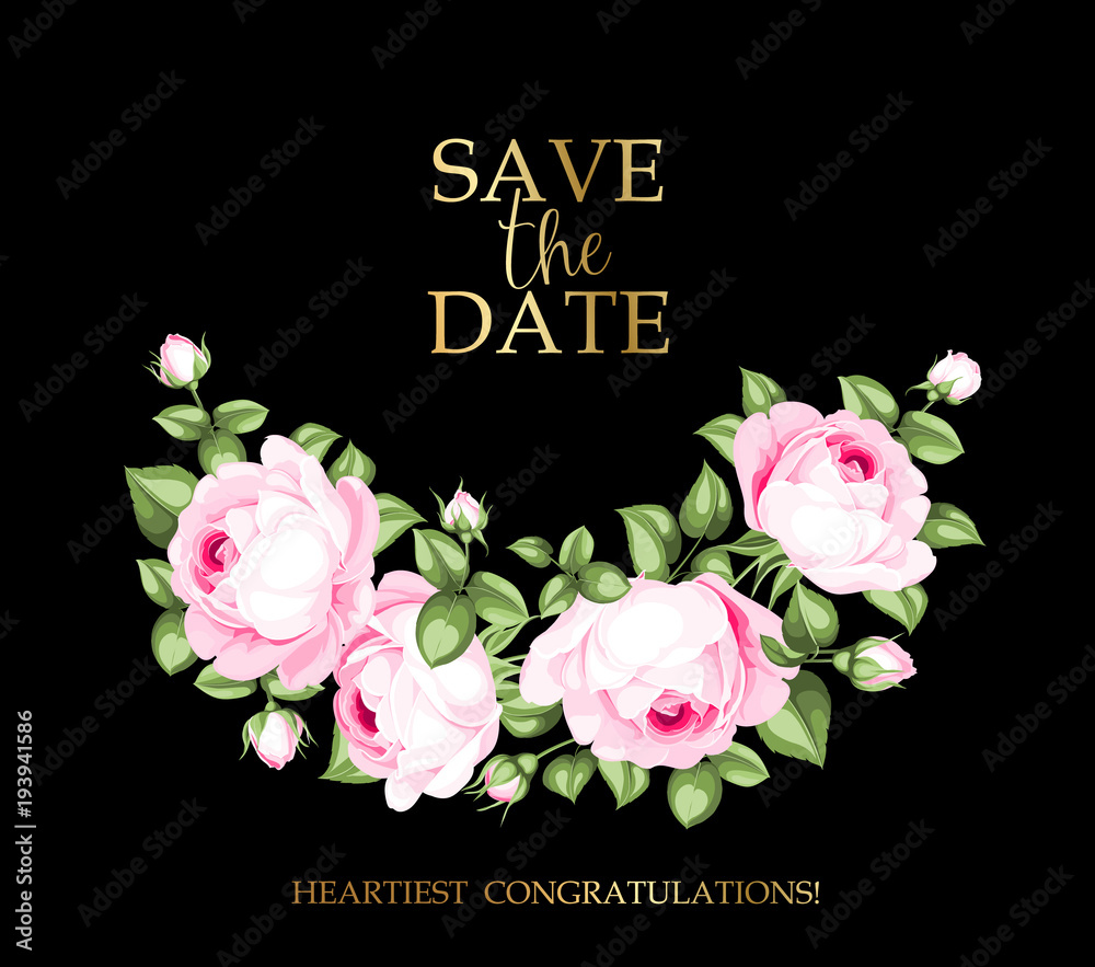 Blooming rose garland on the bottom of invitation card isolated over ...