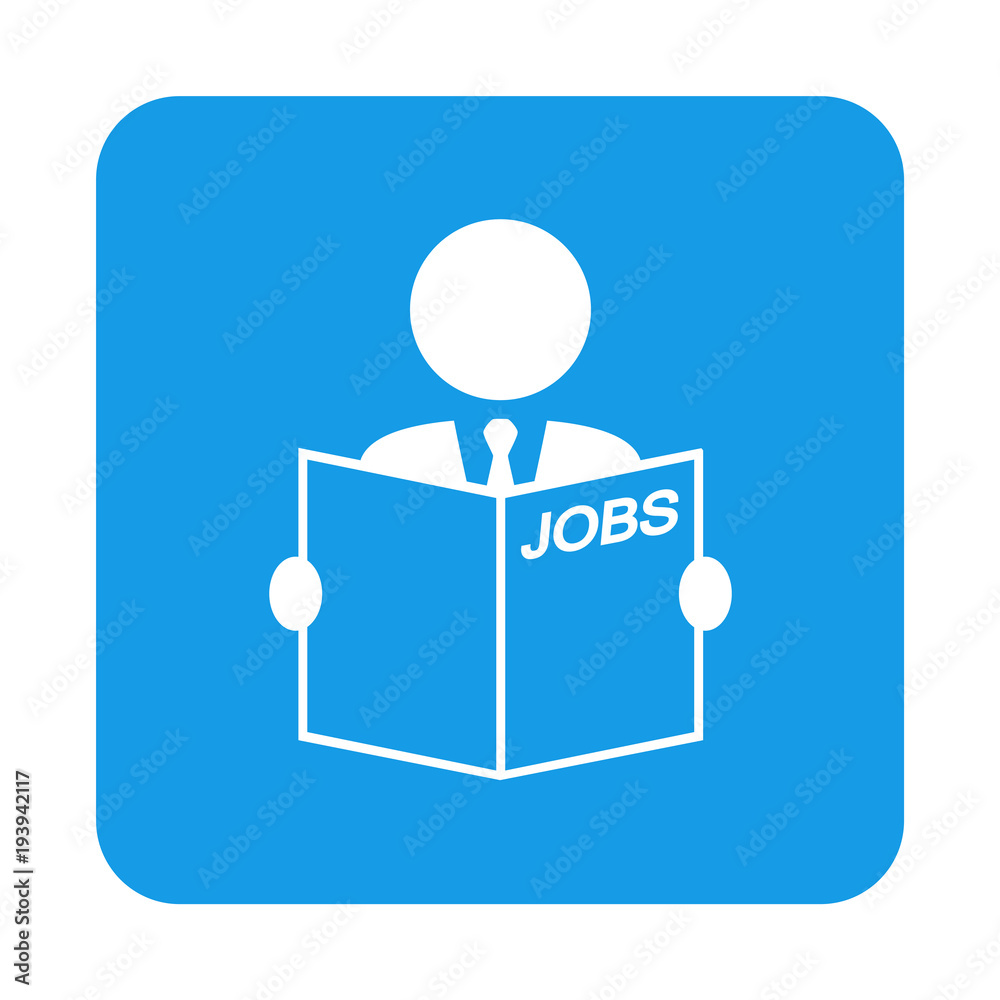 Icono plano buscar empleo en periodico en cuadrado azul Icono plano buscar empleo en periodico en cuadrado azul