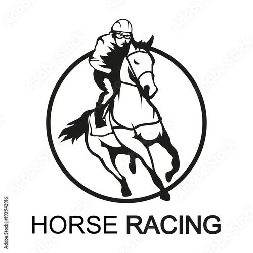 Horse racing. Jockey on racing horse running to the finish line. Race course
