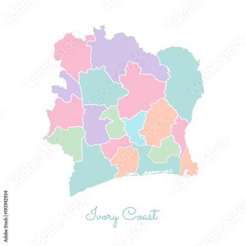 Ivory Coast region map: colorful with white outline. Detailed map of Ivory Coast regions. Vector illustration.