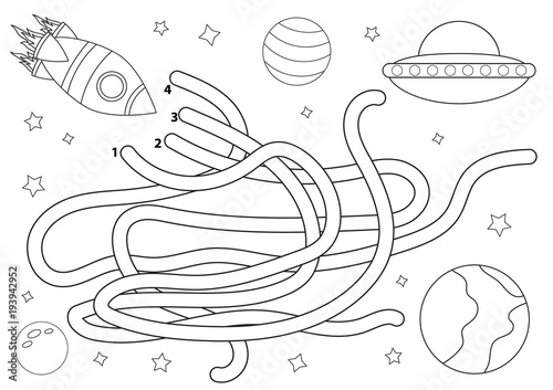 Space maze for children. Coloring page. Help the rocket find way to the planet. Educational game for kids. Vector illustration.
