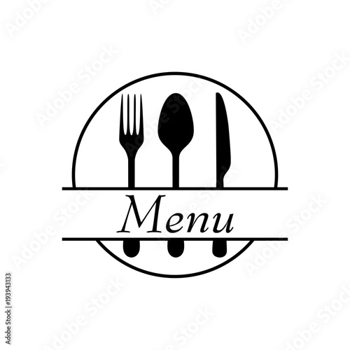 Icono plano MENU con cubiertos y circulo en color negro