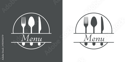 Icono plano MENU con cubiertos y circulo en gris y blanco