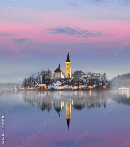 Amazing sunset at the lake Bled in winter  Slovenia.
