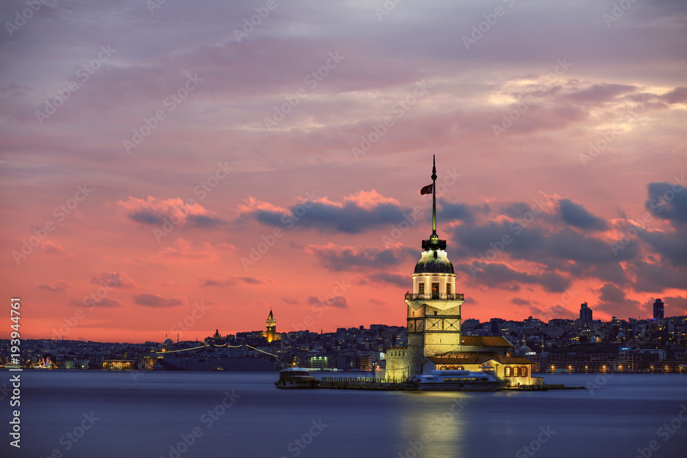Istanbul Turkey Maiden's Tower Long Exposure at Sunset with Beautiful Sky