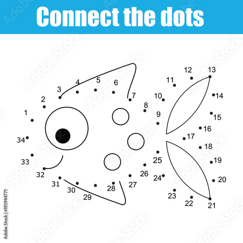 Connect the dots by numbers children educational game. Printable worksheet activity. Fish