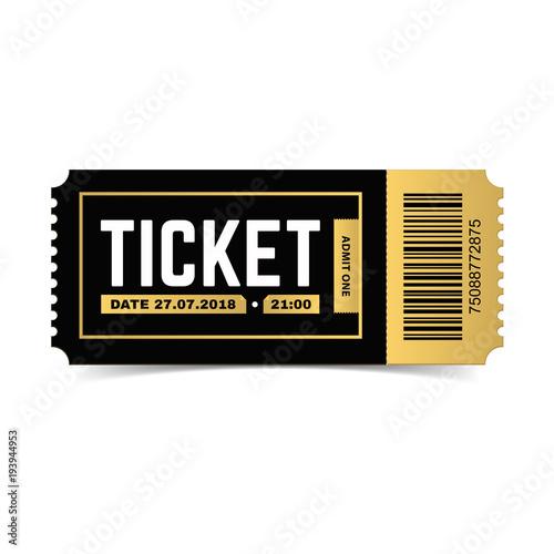 Vector ticket isolated on white background. Cinema, theater,  concert, play, party, event festival black and gold ticket realistic template.