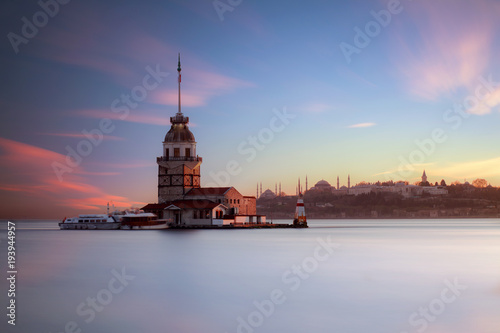 Istanbul Turkey Maiden's Tower Long Exposure at Sunset with Beautiful Sky