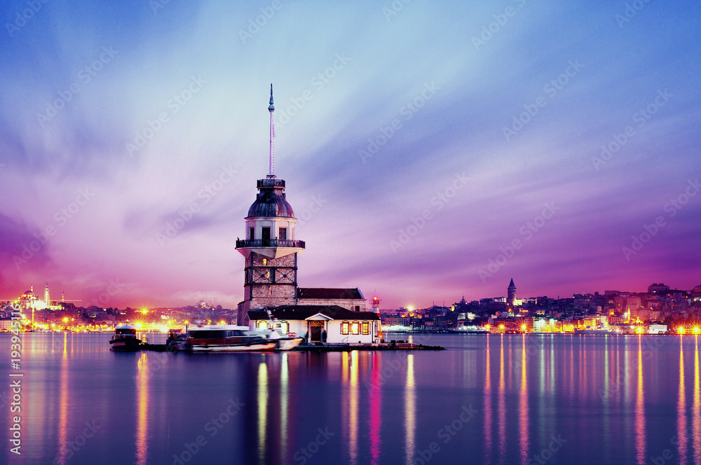 Istanbul Turkey Maiden's Tower Long Exposure at Sunset with Beautiful Sky