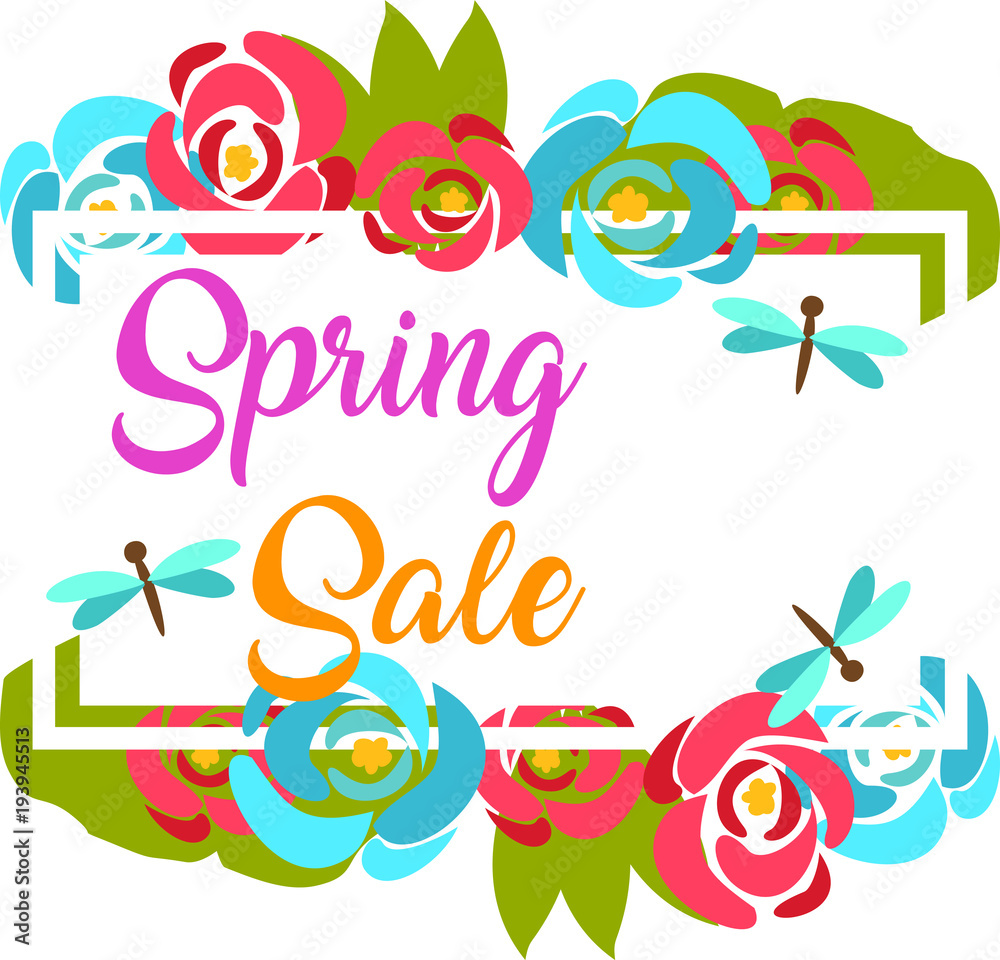 Spring sale banner with red and blue flowers