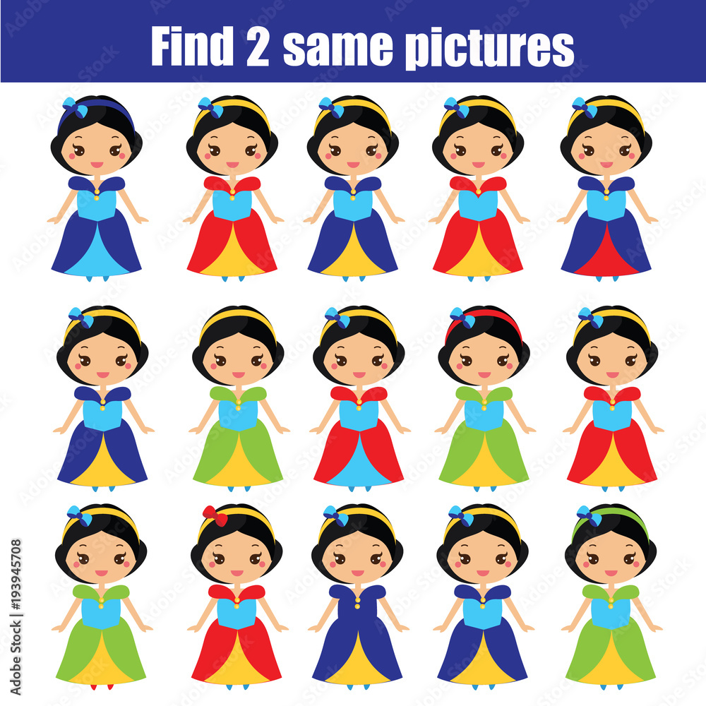 Find the same pictures children educational game. Find same princess Find the same pictures children educational game. Find same princess