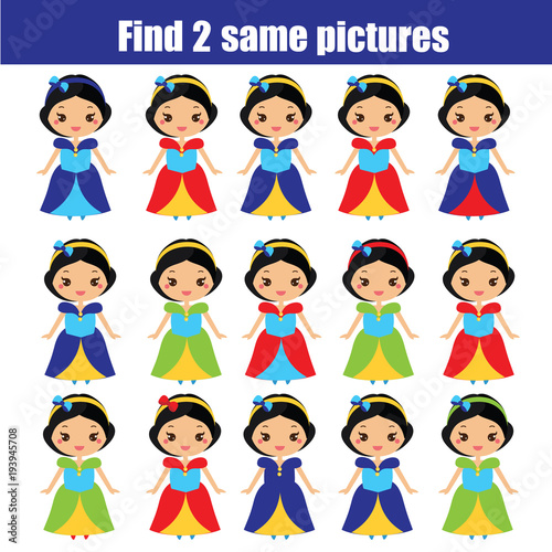 Find the same pictures children educational game. Find same princess